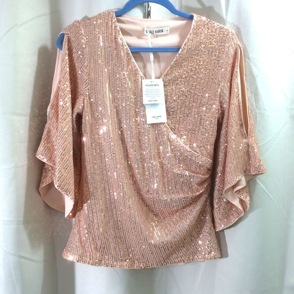 Grace Karin Rose Gold Sequin V Neck Top Split Bell Sleeves Party Blouse Size Sm - Picture 3 of 6